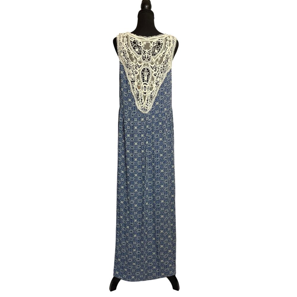 World Market Blue Boho Maxi Dress L/XL Crochet Back Sleeveless Rayon